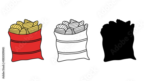 Three sacks of potatoes in different colored illustrations on a white background