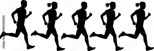 Vector illustration of running motion icon set with five athletic silhouettes in ponytail and dynamic stride sequence