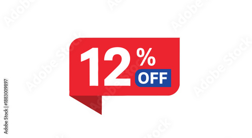 A bright red discount tag featuring a prominent white '12 % OFF' message, designed to attract attention for various commercial promotions, sales,