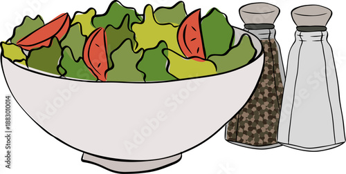 Greek salad in a bowl. salt and pepper shaker. Cafe composition hand drawn illustration. Vector graphic line ink colored art. Organic healthy food. design for fashion graphics, textile prints