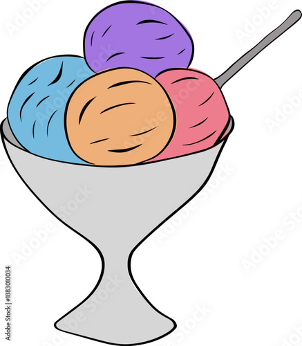 Ice Cream Sundae With four different flavors and spoon Cafe composition hand drawn illustration. Vector graphic line ink colored art. for package, holiday design, fabric and textile.