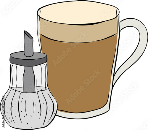 Cup of black coffee with foam, cane sugar Cafe composition hand drawn illustration. Vector graphic line ink colored art. Bright clip art for cafe menu design, banners and packaging.