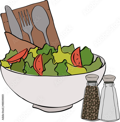 Salad with Fork and Knife and salt pepper shaker Cafe composition hand drawn illustration. Vector graphic line ink colored art. for package, holiday design, fabric and textile.