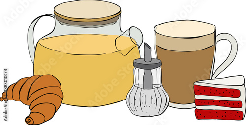Tea, croissant, sugar, coffee, cake Cafe composition hand drawn illustration. Vector graphic line ink colored art. Banner, poster, wrapping paper, sticker, print, modern textile design.
