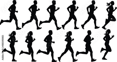 Vector illustration of running motion icon set with twelve athletic silhouettes in dynamic stride and posture sequence