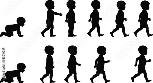 Baby walking stages silhouette illustration, toddler growth sequence from crawling to walking, child development progression, isolated on white background