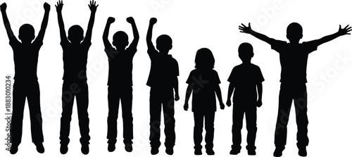 Children cheering silhouette illustration, kids raising arms in celebration and victory poses, happy youth energy, isolated on white background design