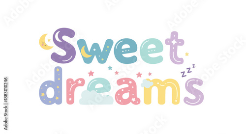 Whimsical pastel 'Sweet dreams' typography with moon, stars, and soft clouds perfectly captures a serene, comforting bedtime mood for kids