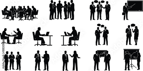 Business people silhouette set, corporate meeting and discussion scenes, office teamwork and presentation concepts, isolated on white background illustration