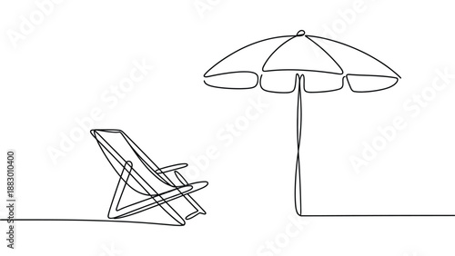 minimal line art beach chair and umbrella illustration, simple outline summer vacation seaside relaxation concept, hand drawn outdoor leisure design