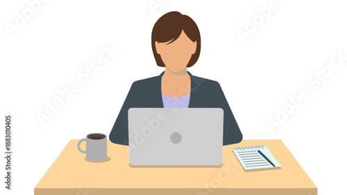 A cartoon woman working on her laptop at a desk with a cup of coffee