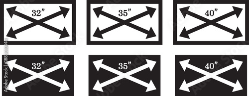 smart tv screen sizes icon set. 32, 35, 40, 45, 50, inches. Screen Symbol. Computer monitor. Screen inches size. High resolution. Isolated vector. High quality