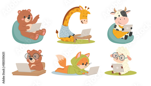 Cute cartoon animals working on a laptop. Vector illustration in a flat style.  The concept of computer courses for children