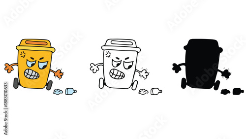 A cartoon illustration of angry trash cans with different colored designs and expressions