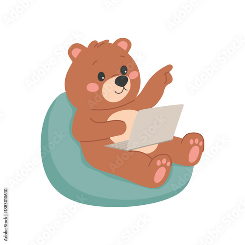 Cute Bear Sitting on Beanbag and Working on Laptop, Childish Cartoon Vector Illustration