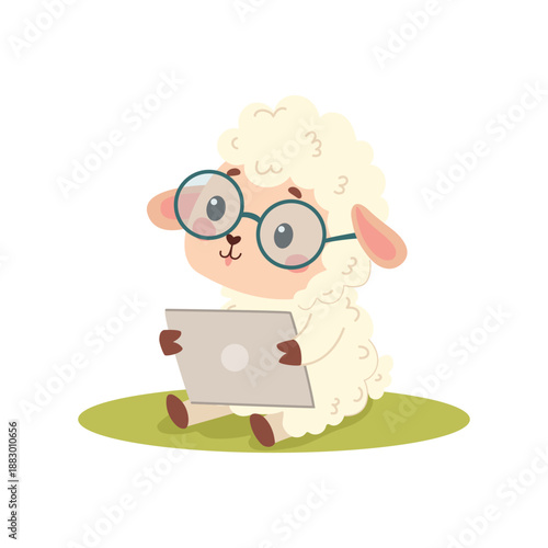Cute Sheep With Glasses And Laptop, Cartoon Character Vector Illustration