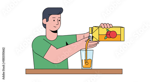A cheerful person carefully pouring a fresh fruit beverage from a bright carton into a tall glass, illustrating a healthy daily hydration routine
