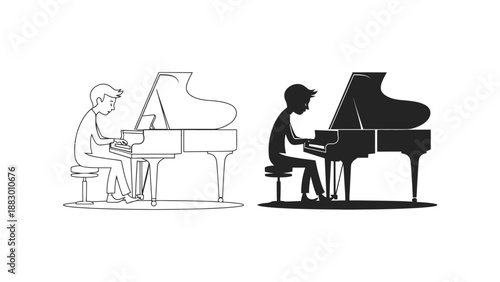 Three different style illustrations of men playing grand pianos in various colors