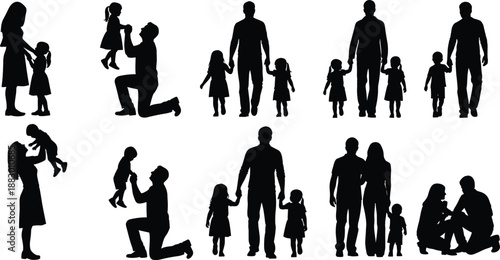 Family moments silhouette collection, parents and children bonding, walking, holding hands, lifting kids, loving scenes, isolated on white background illustration