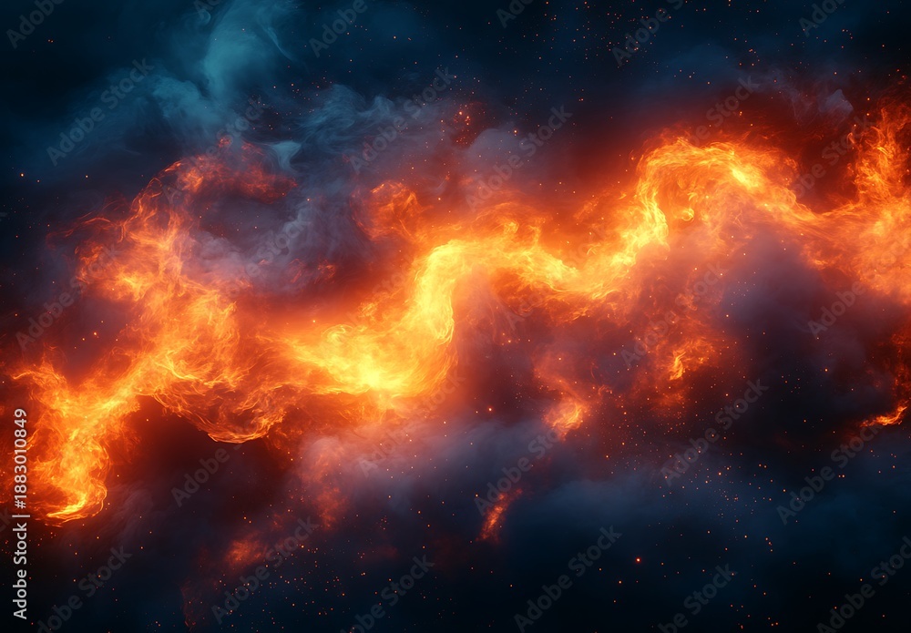 Fototapeta premium Intense orange fire swirls and smoke against a dark blue cosmic background flame swirling