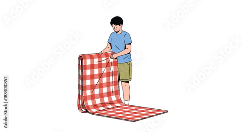 A person unrolls a vibrant red and white checkered blanket, preparing a cozy outdoor spot. This evokes anticipation for leisure and relaxation,