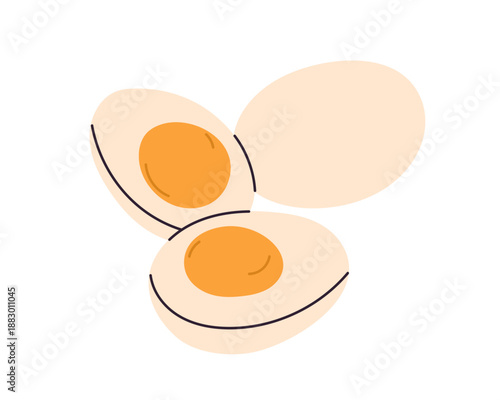 Cooked chicken eggs, whole and halved pieces, nutritious breakfast food with boiled yolk, natural protein ingredient isolated on white background flat graphic vector illustration.