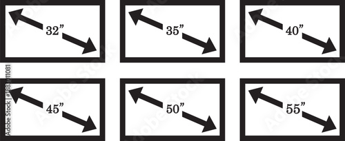 smart tv screen sizes icon set. 32, 35, 40, 45, 50, inches. Screen Symbol. Computer monitor. Screen inches size. High resolution. Isolated vector. High quality