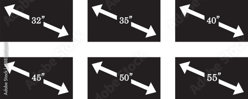 smart tv screen sizes icon set. 32, 35, 40, 45, 50, inches. Screen Symbol. Computer monitor. Screen inches size. High resolution. Isolated vector. High quality