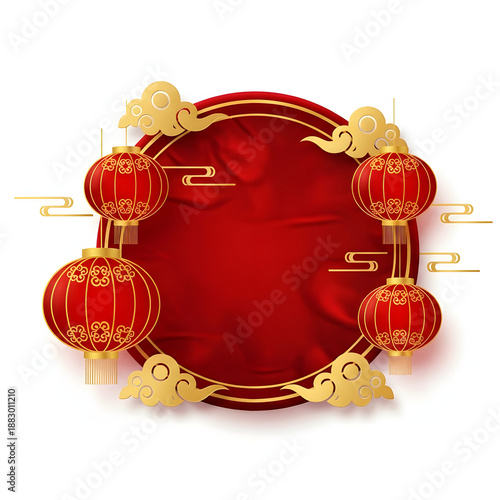 Classic Chinese New Year theme vector, red circle frame with velvet texture, lantern and gold cloud decoration