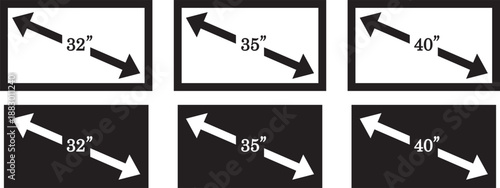 smart tv screen sizes icon set. 32, 35, 40, 45, 50, inches. Screen Symbol. Computer monitor. Screen inches size. High resolution. Isolated vector. High quality