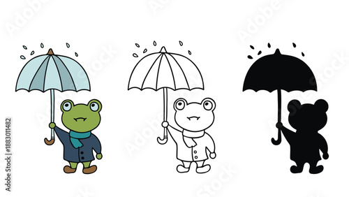 A colorful illustration of cartoon animals holding umbrellas on a rainy day outside