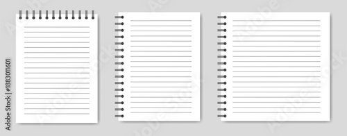 Mockup of a white notebook with spiral. A5 and square format. Shiny metal binder clip. Mockup of a small book, diary, notepad. Copybook, white sheets of paper with black binder. Lined paper