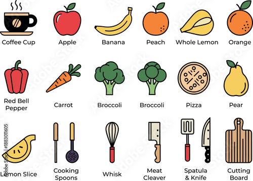 Set of colorful food and kitchen vector icons. Flat line art symbols of fruits, vegetables, pizza, coffee cup and cooking tools. Bold outline design elements for restaurant menu and grocery app