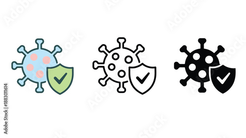 Three virus icons with shields and checkmarks on a white background for health and safety concepts