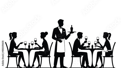 A waiter serves wine to couples dining at a restaurant with a minimalist aesthetic