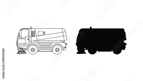 A set of three different illustrations of a street sweeper truck in various design styles