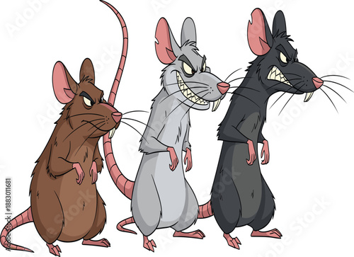 Angry Cartoon Rats Group Set of Three Mean Mice with Sharp Teeth and Grinning Expression for Pest Control Animation Mascot Vector Illustration