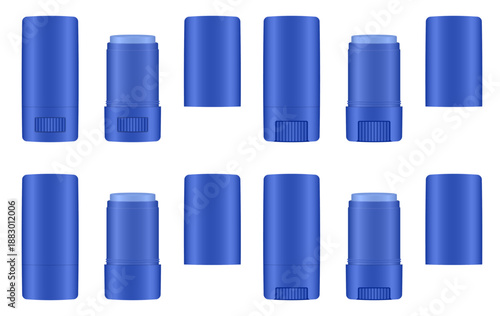 Mockup of thin open cosmetic sticks with rotating bottom wheel. Cosmetic tube. Face contouring pen, highlighter or bronzer. Concealer or foundation. Dark blue containers