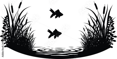 Black and white vector silhouette of goldfish jumping over a pond, featuring marsh grass, cattails, and water ripples for serene nature aquatic design