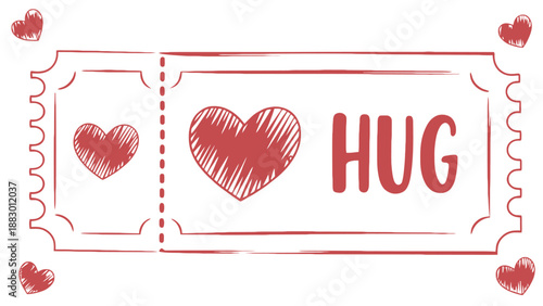 A creative illustration of a hug ticket with hearts on a white background