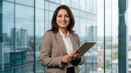 Smiling Mature Indian Businesswoman Holding Clipboard in Modern Office