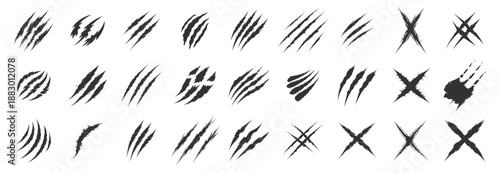 Animal claw scratches mark set, cat tiger paw scratch shape, easy editable vector illustration isolated on transparent background