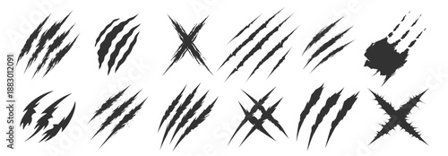 Claw scratch marks set, grunge slash damage collection, abstract ripped torn scratches vector silhouettes on transparent background