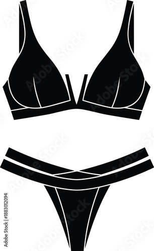 Black minimalist lingerie set vector illustration, featuring a plunging wireless bralette and matching high-cut thong panties with modern elastic band details on white background,