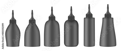 Set of squeeze bottles. Black bottle with tip cap. Dispensing cap. Colorful hair dye.