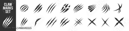 Claw scratch marks collection, comic style slash damage effects, jagged ripped torn scratches vector set for horror designs on transparent background