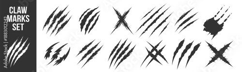 Animal claw scratches mark set, cat tiger paw scratch shape, easy editable vector illustration isolated on transparent background