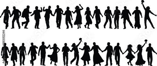 Black silhouette vector illustration of a joyful wedding party crowd, happy guests dancing in a line and celebrating together on a white background,
