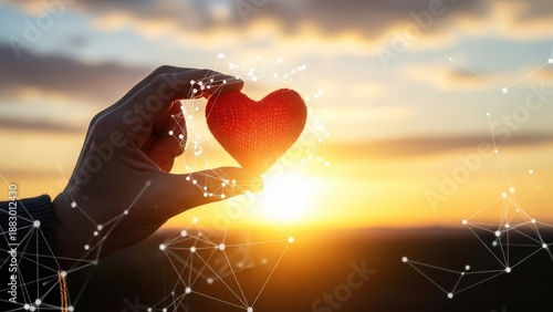 Hand gently holds a glowing red heart against a sunset sky with abstract digital connections.