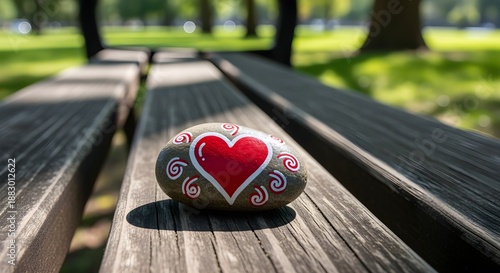 A 'Kindness Rock' painted with a heart and left on a park bench for someone to find.